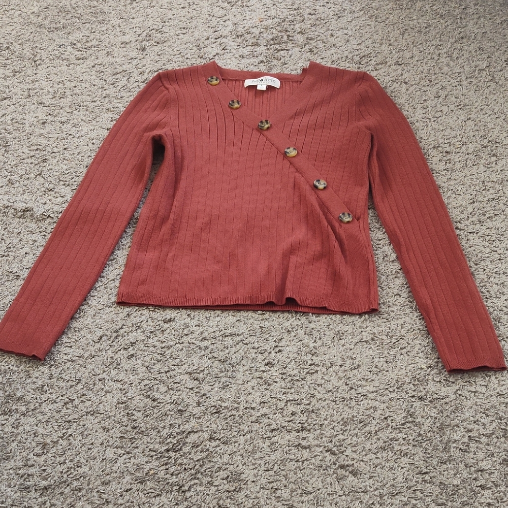 Women's Long Sleeve Ribbed Top with Button Detail - Rust